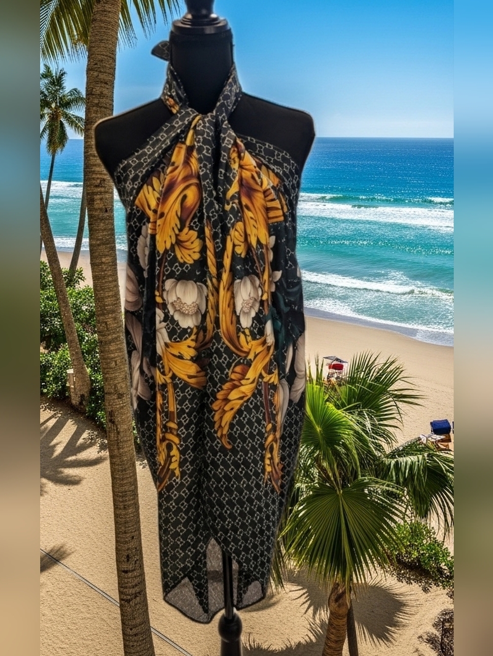 Oversized Black Baroque Print Silk-Like Scarf/Shawl/Hijab/Beach Cover Up NWOT - Picture 8 of 12